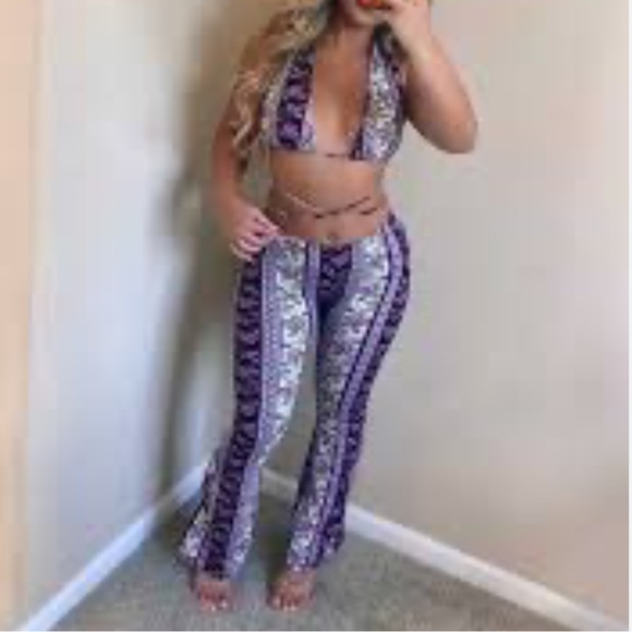 Purple blue Floral Print Halter Crop Top Flared Pants Set large Sexy Hippie Y2K - Picture 1 of 6
